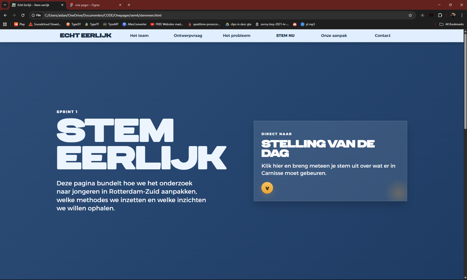 Screenshot van Aidans prototype met de homepagina van Stem Eerlijk